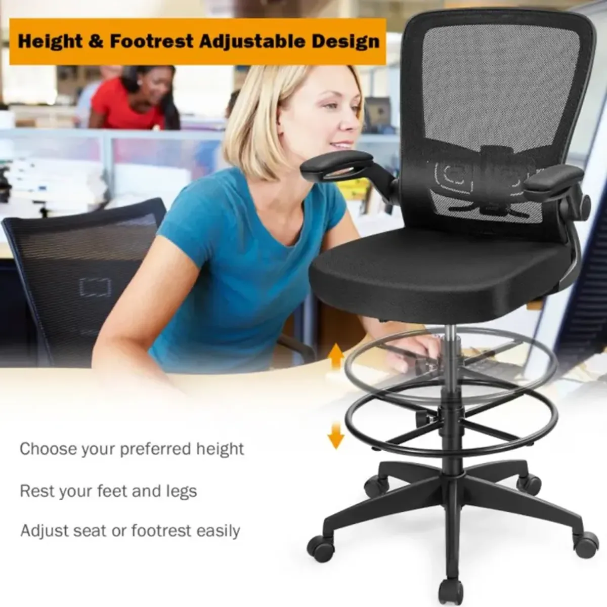 Hivvago Height Adjustable Drafting Chair with Flip Up Arms