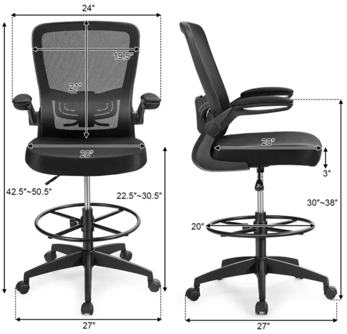 Hivvago Height Adjustable Drafting Chair with Flip Up Arms