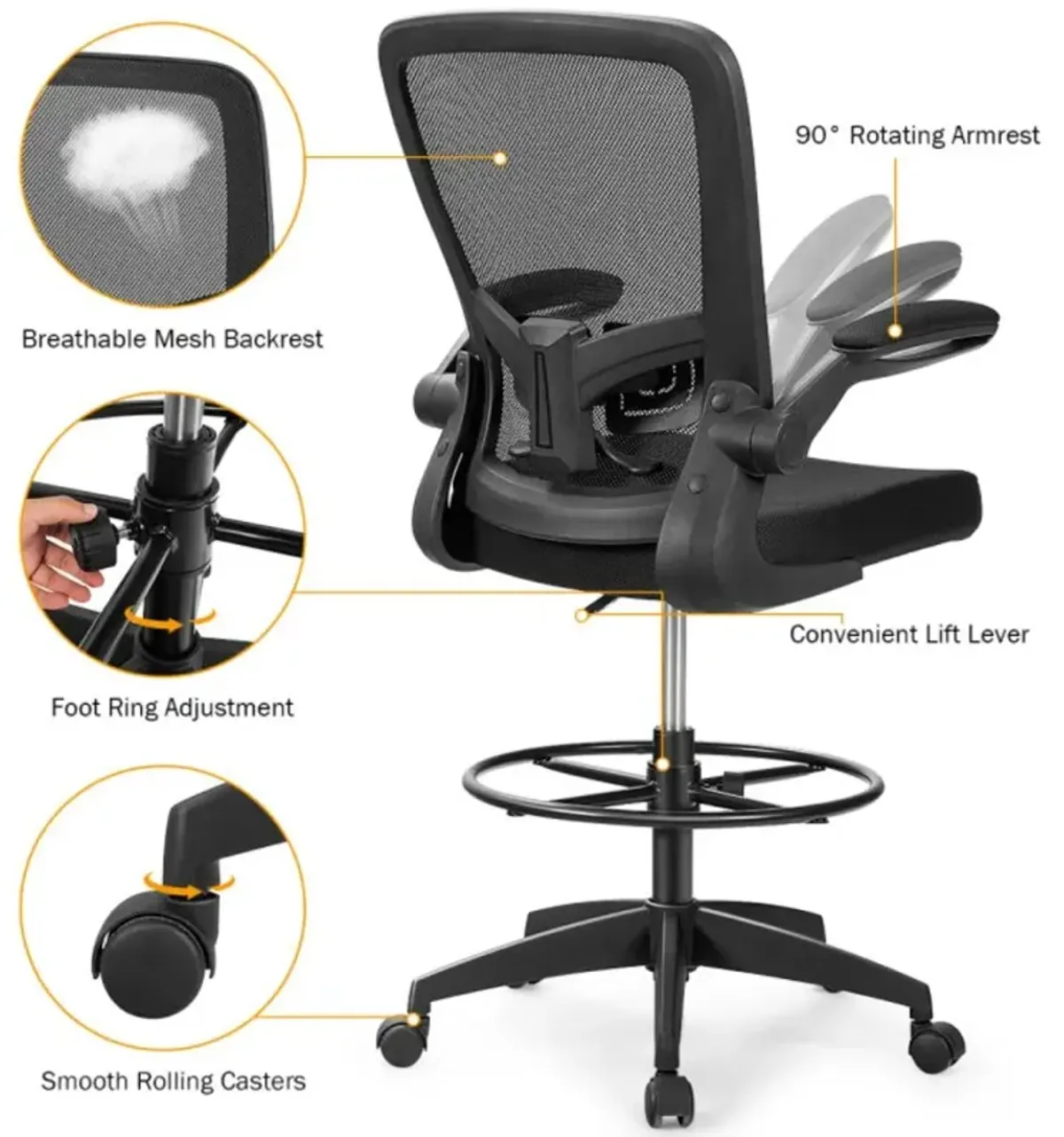 Hivvago Height Adjustable Drafting Chair with Flip Up Arms