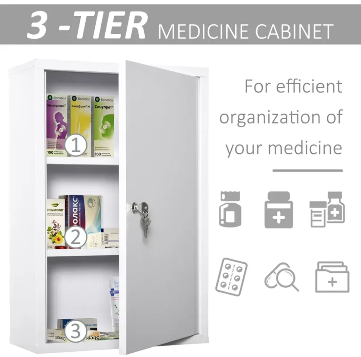 White Medicine Cabinet: 24x16 Steel Wall Mount with 3-Tier Storage