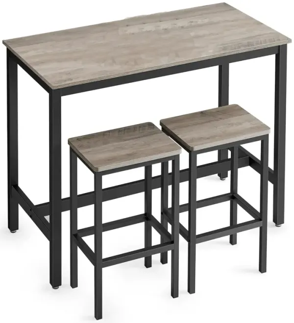 Gyn 3 Piece Counter Table Set with 2 Stools, Greige Seats, Black Steel - Benzara