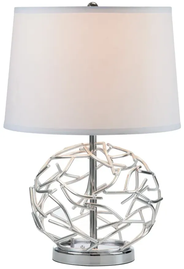 24 Inch Table Lamp, Silver Hollow Geometric Globe Base, Empire Shade - Benzara