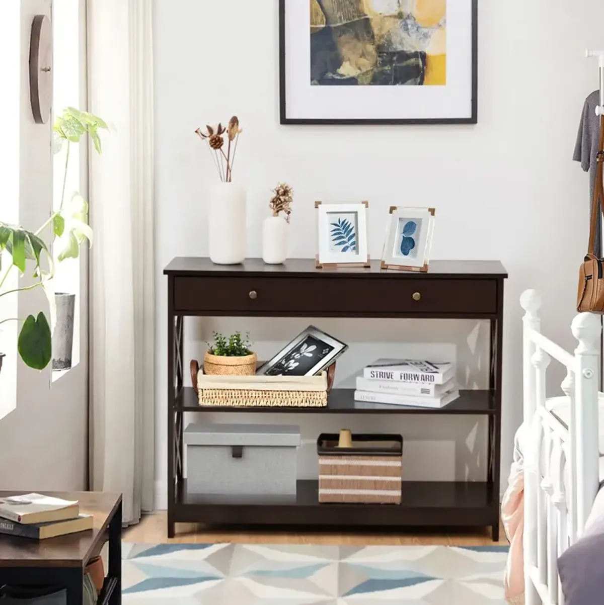 Console Table 3-Tier with Drawer and Storage Shelves