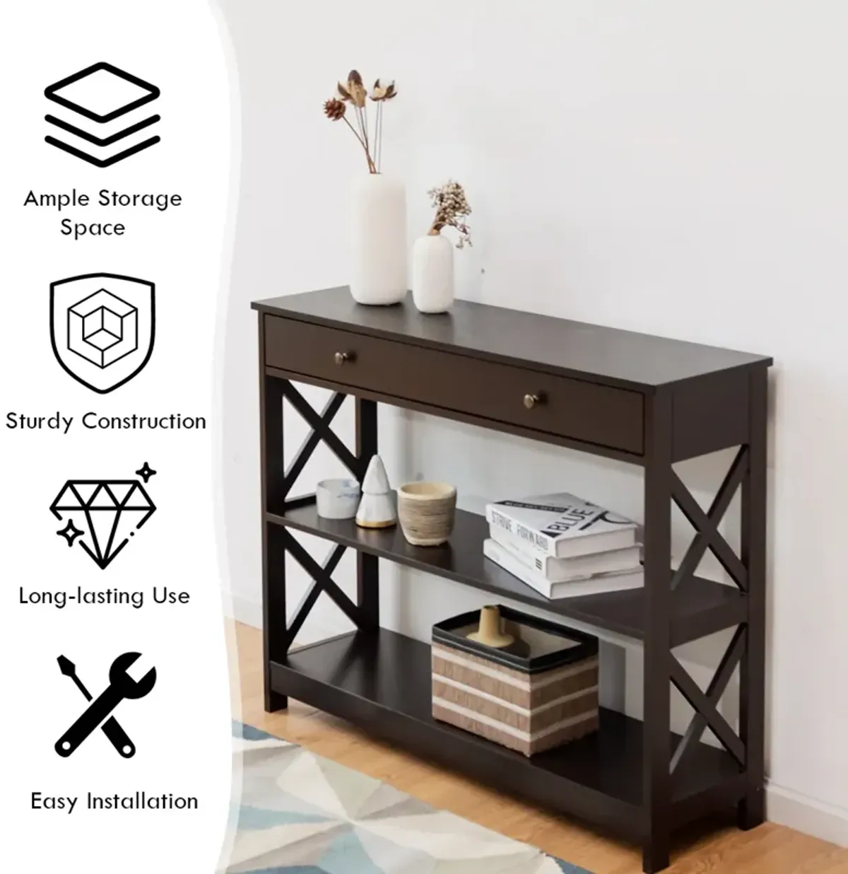 Console Table 3-Tier with Drawer and Storage Shelves