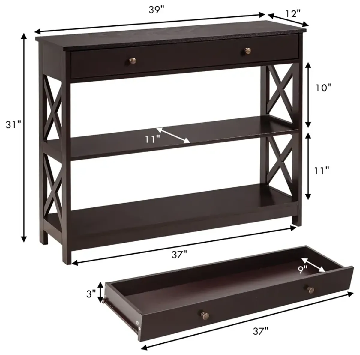 Console Table 3-Tier with Drawer and Storage Shelves