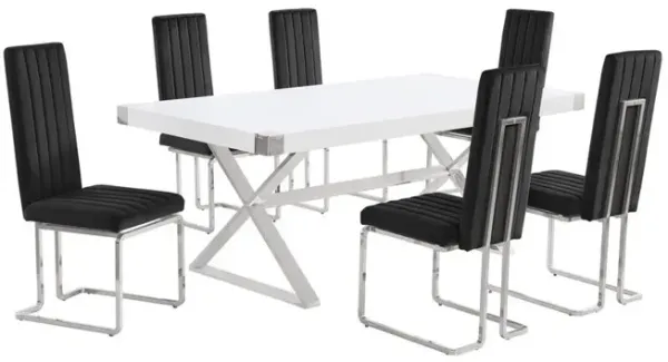 Best Quality Furniture 7pc Small(78) white wood top dining set with silver base and 6 chairs