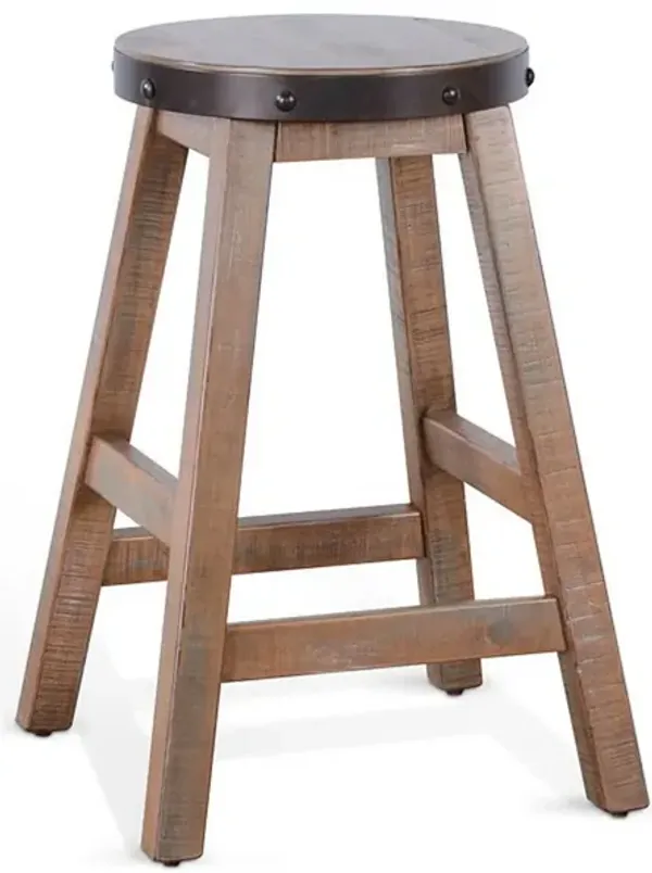 Ayka Round Counter Stool, Metal Band, Splayed Legs, Brown Mahogany - Benzara