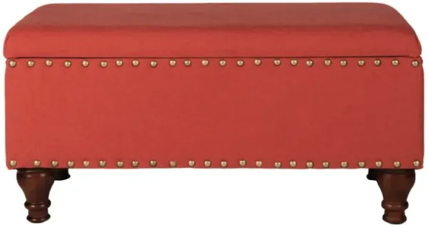 Fabric Upholstered Wooden Storage Bench With Nail head Trim, Large, Orange and Brown - Benzara