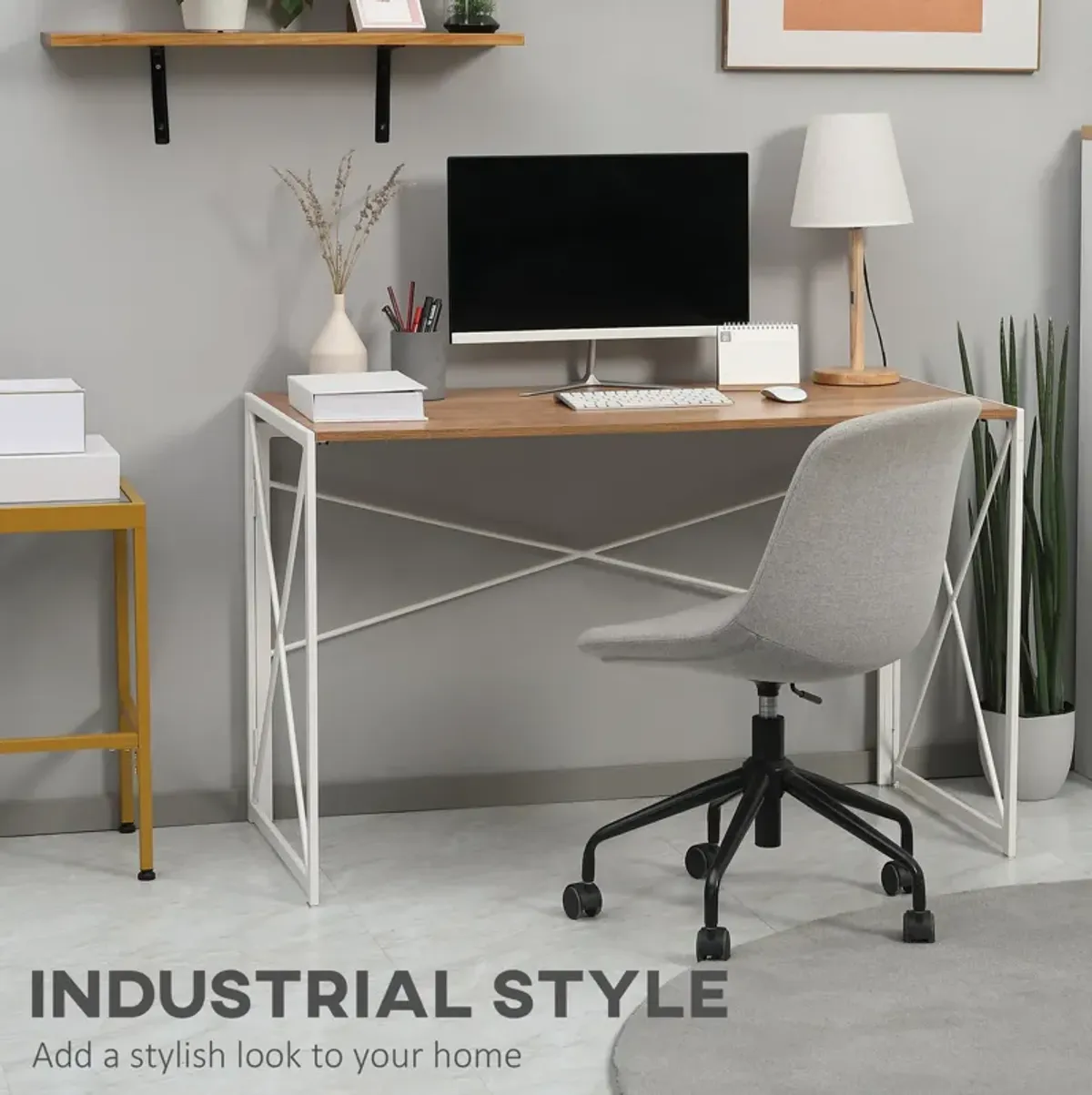 Natural Study Space: 47.25" Folding Laptop Table with Metal Frame