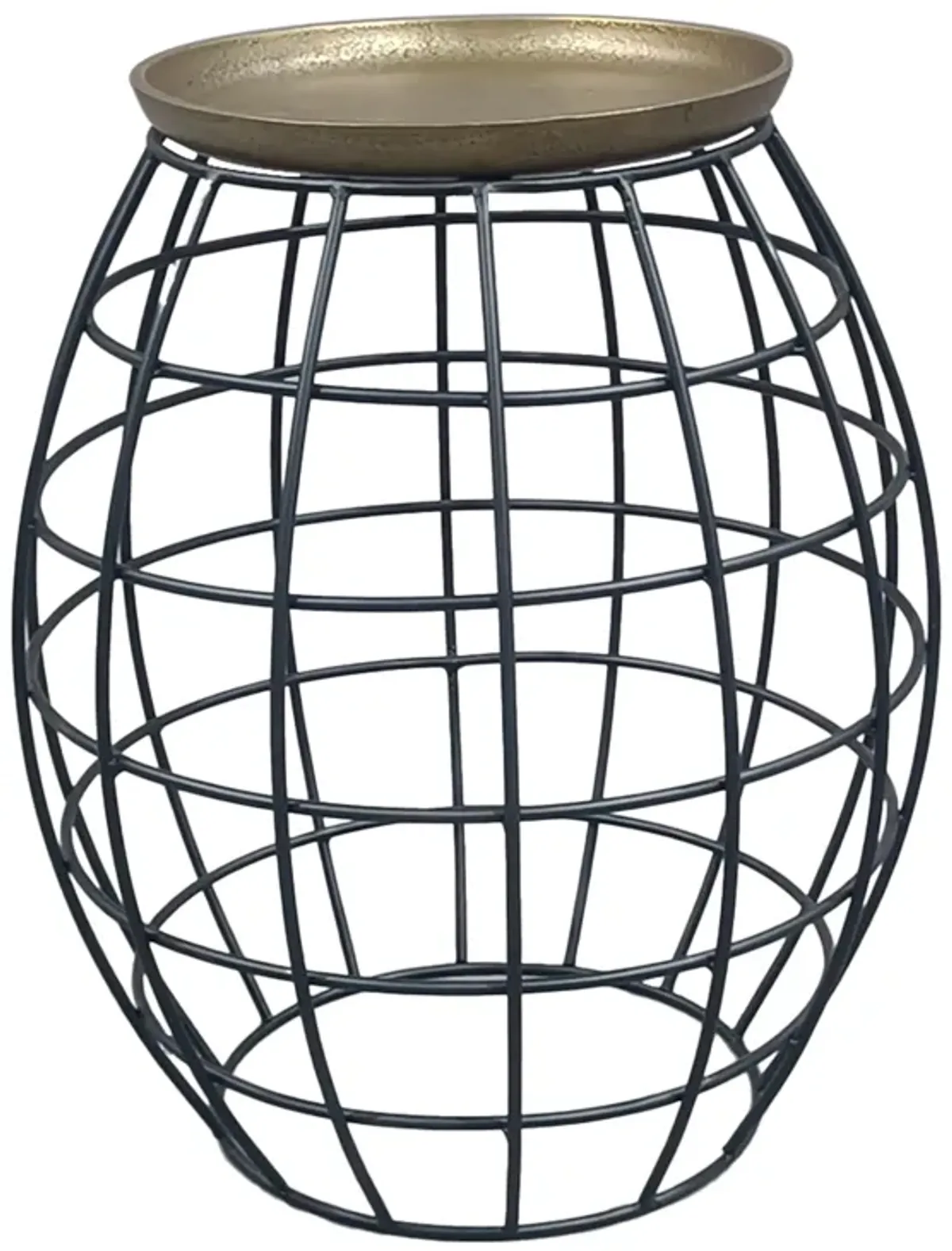 2 Piece Coffee Table and End table Set, Round Antique Brass Tray Top, Curved Cage Design Black Iron Base