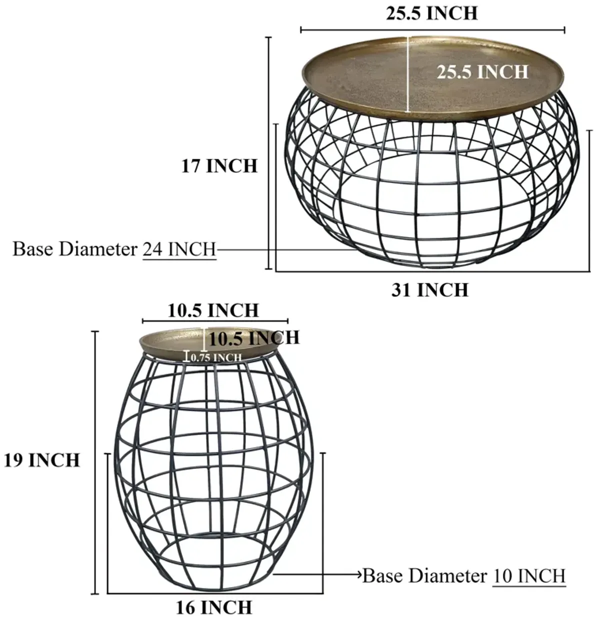 2 Piece Coffee Table and End table Set, Round Antique Brass Tray Top, Curved Cage Design Black Iron Base