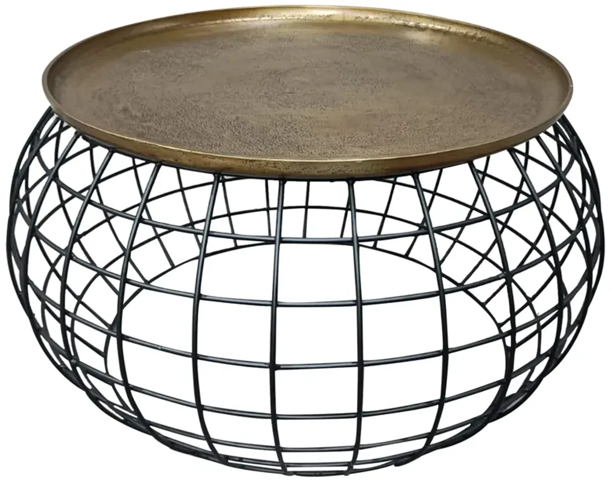 2 Piece Coffee Table and End table Set, Round Antique Brass Tray Top, Curved Cage Design Black Iron Base