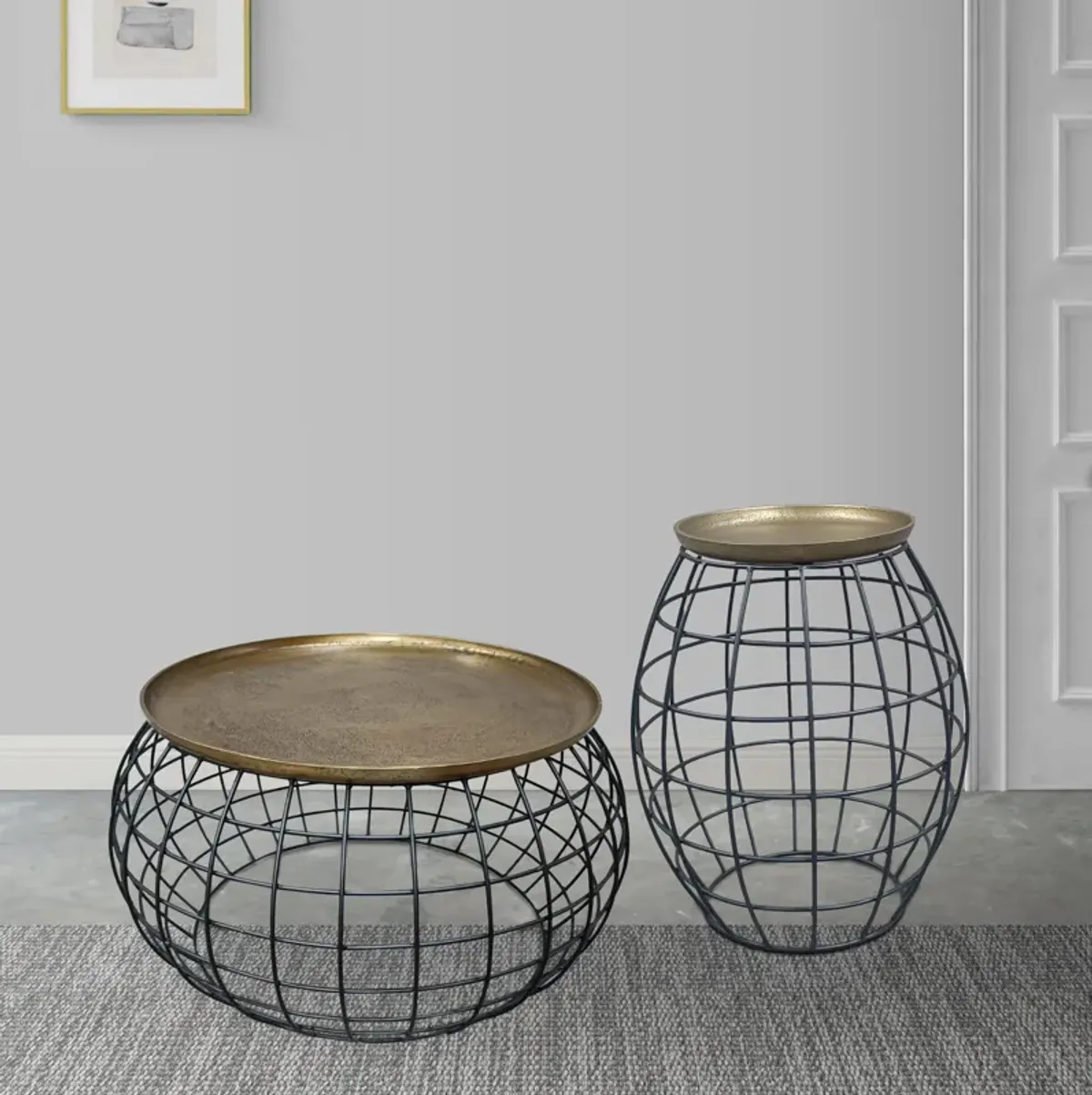 2 Piece Coffee Table and End table Set, Round Antique Brass Tray Top, Curved Cage Design Black Iron Base