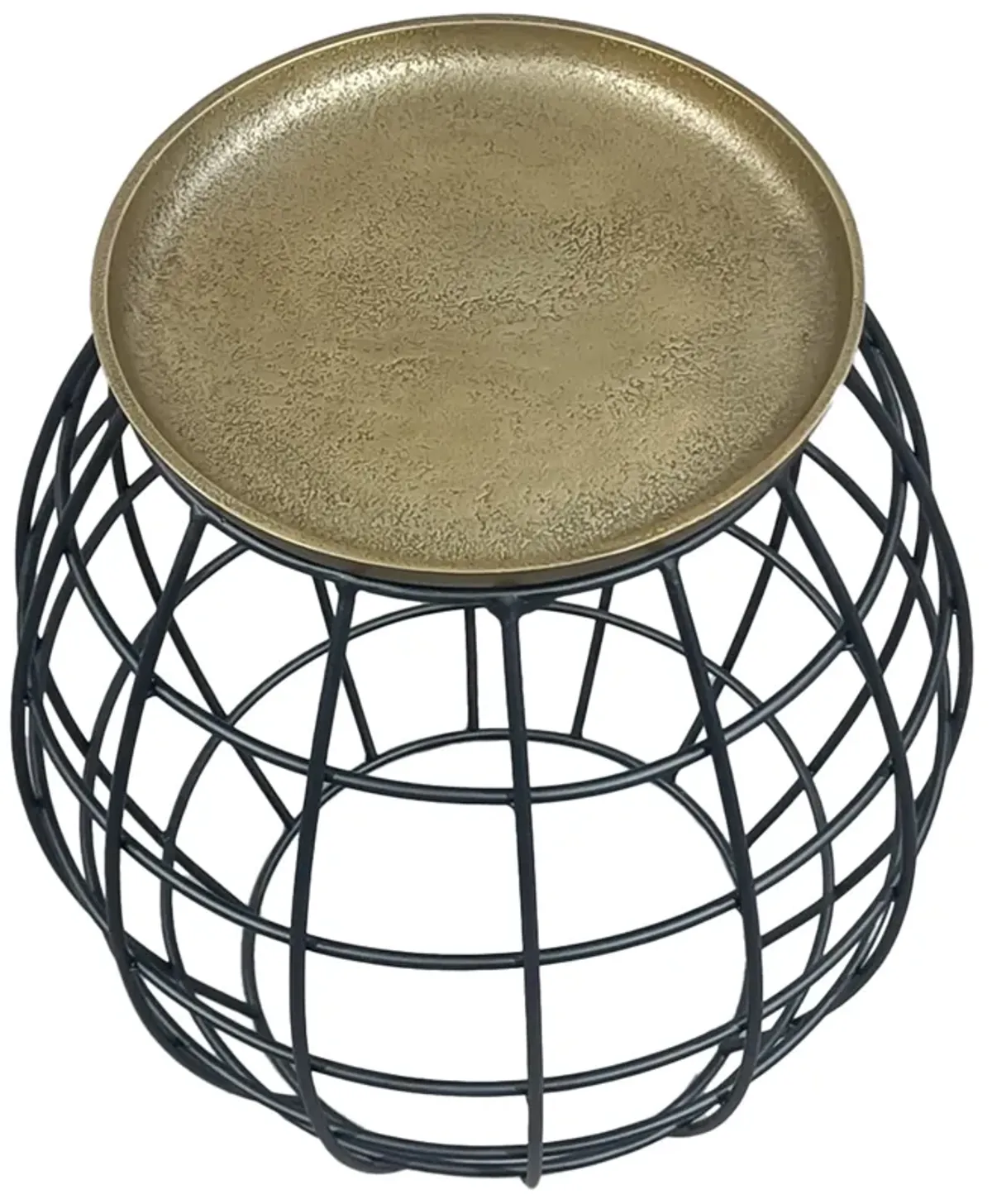 2 Piece Coffee Table and End table Set, Round Antique Brass Tray Top, Curved Cage Design Black Iron Base