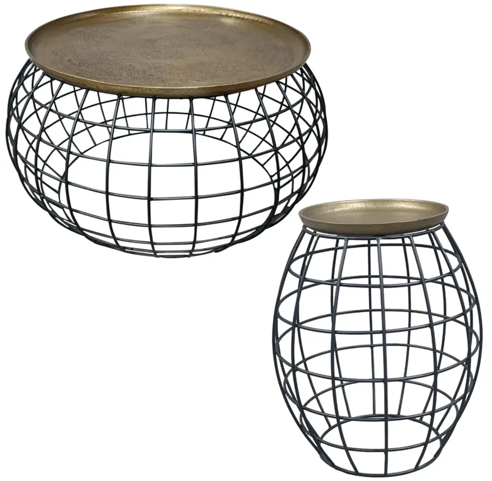 2 Piece Coffee Table and End table Set, Round Antique Brass Tray Top, Curved Cage Design Black Iron Base