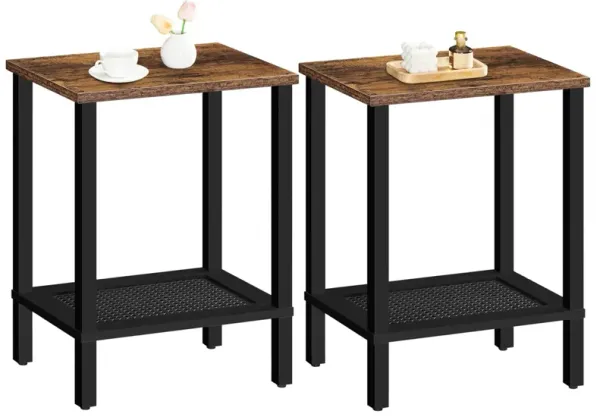 HOOBRO End Tables Set of 2, Side Table with 2-Tier Storage Shelves, Tall Nightstand with Faux Rattan Decoration, Sofa Table for