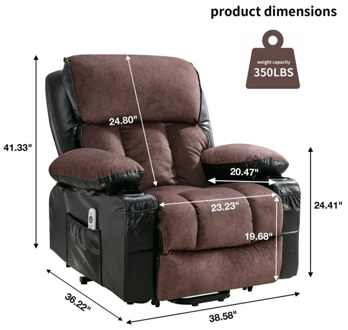 38.58 in. W Leather Recliner with Remote Control, Tufted and Storage