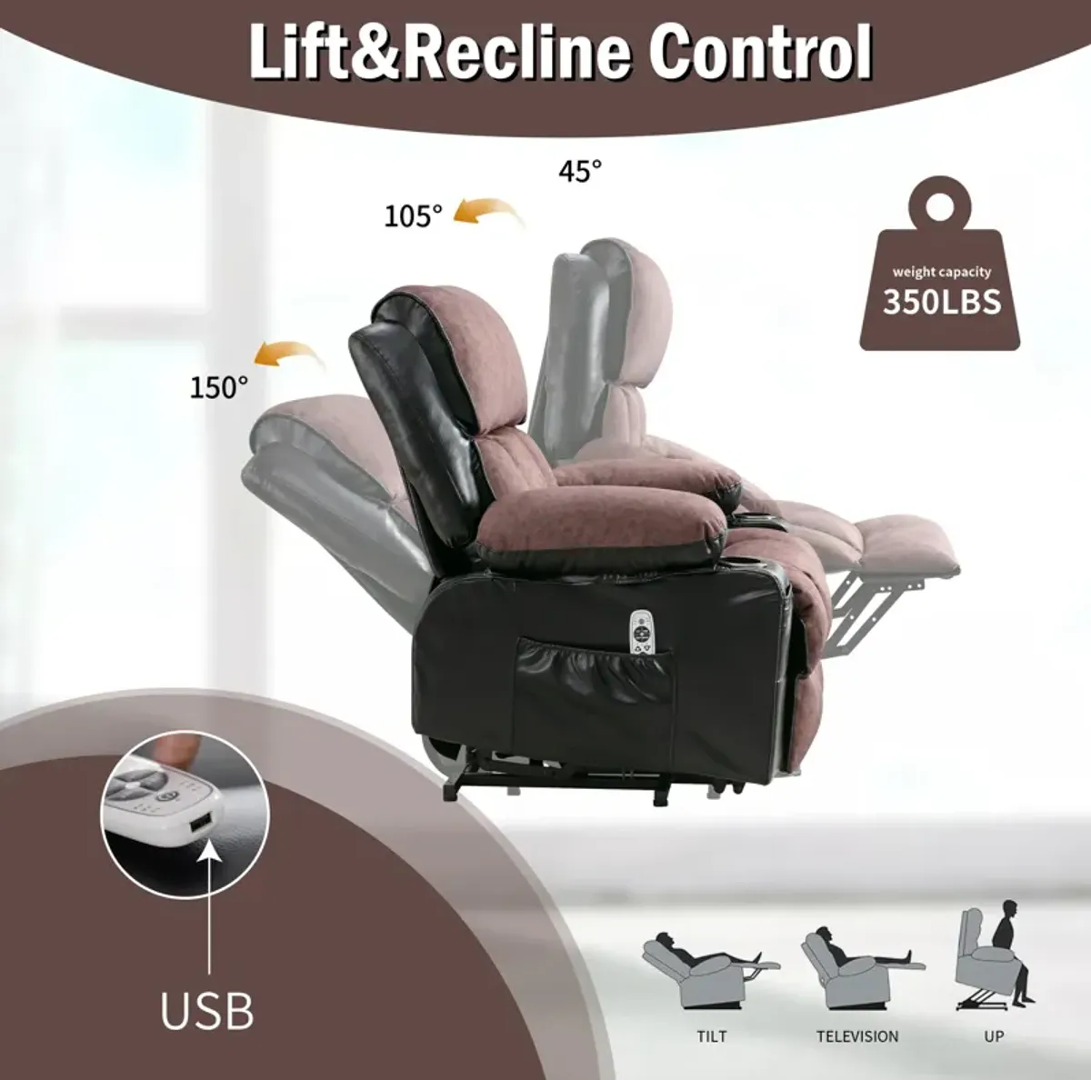 38.58 in. W Leather Recliner with Remote Control, Tufted and Storage