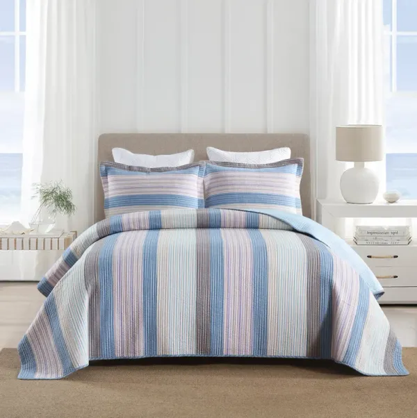 MarCielo 3Pcs 100% Cotton Quilt Bedspread Set Reversible Bedding Striped King