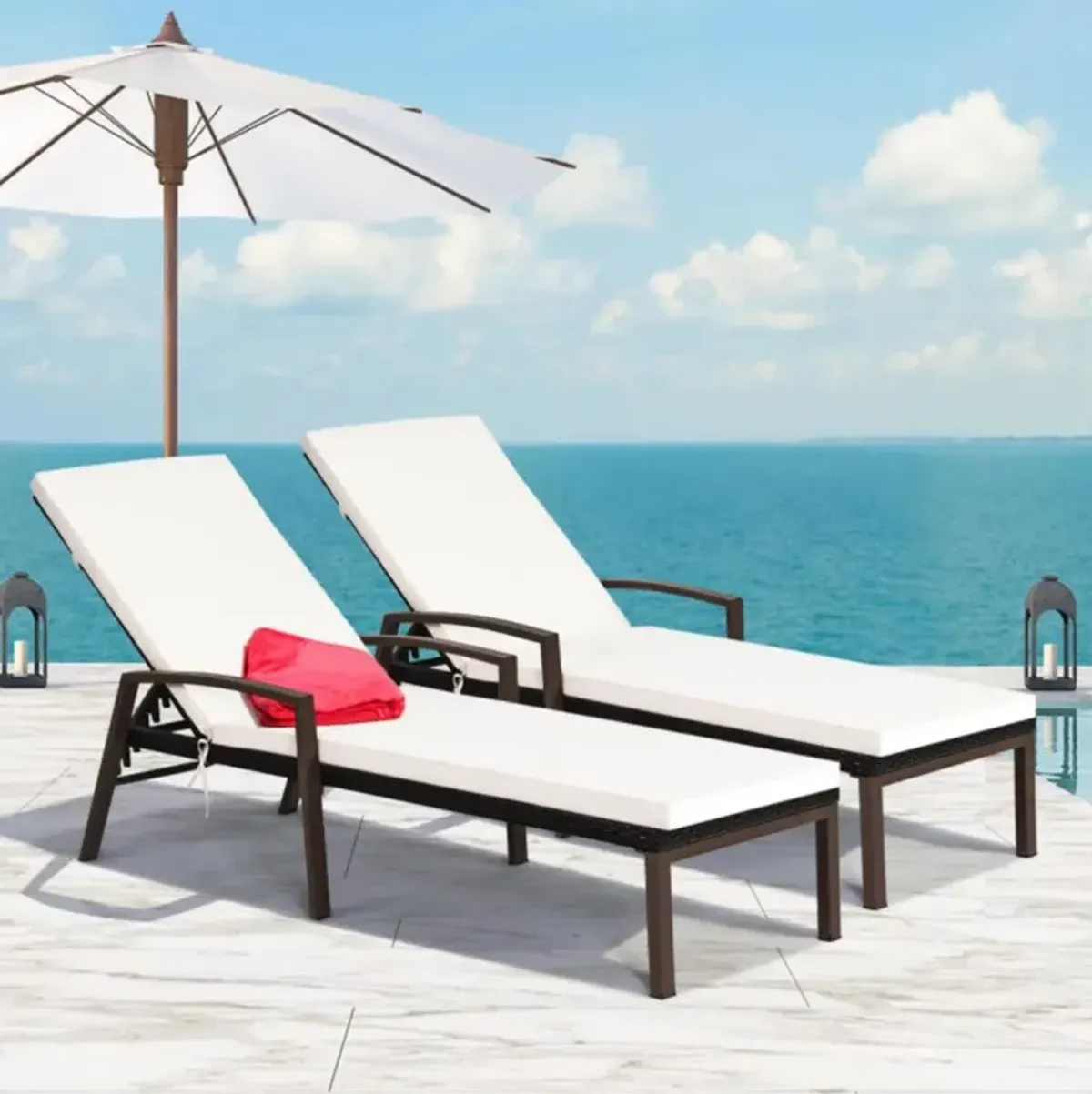 Hivvago 2 Pieces Patio Rattan Adjustable Back Lounge Chair with Armrest and Removable Cushions