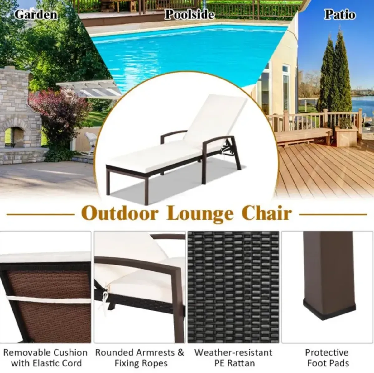 Hivvago 2 Pieces Patio Rattan Adjustable Back Lounge Chair with Armrest and Removable Cushions