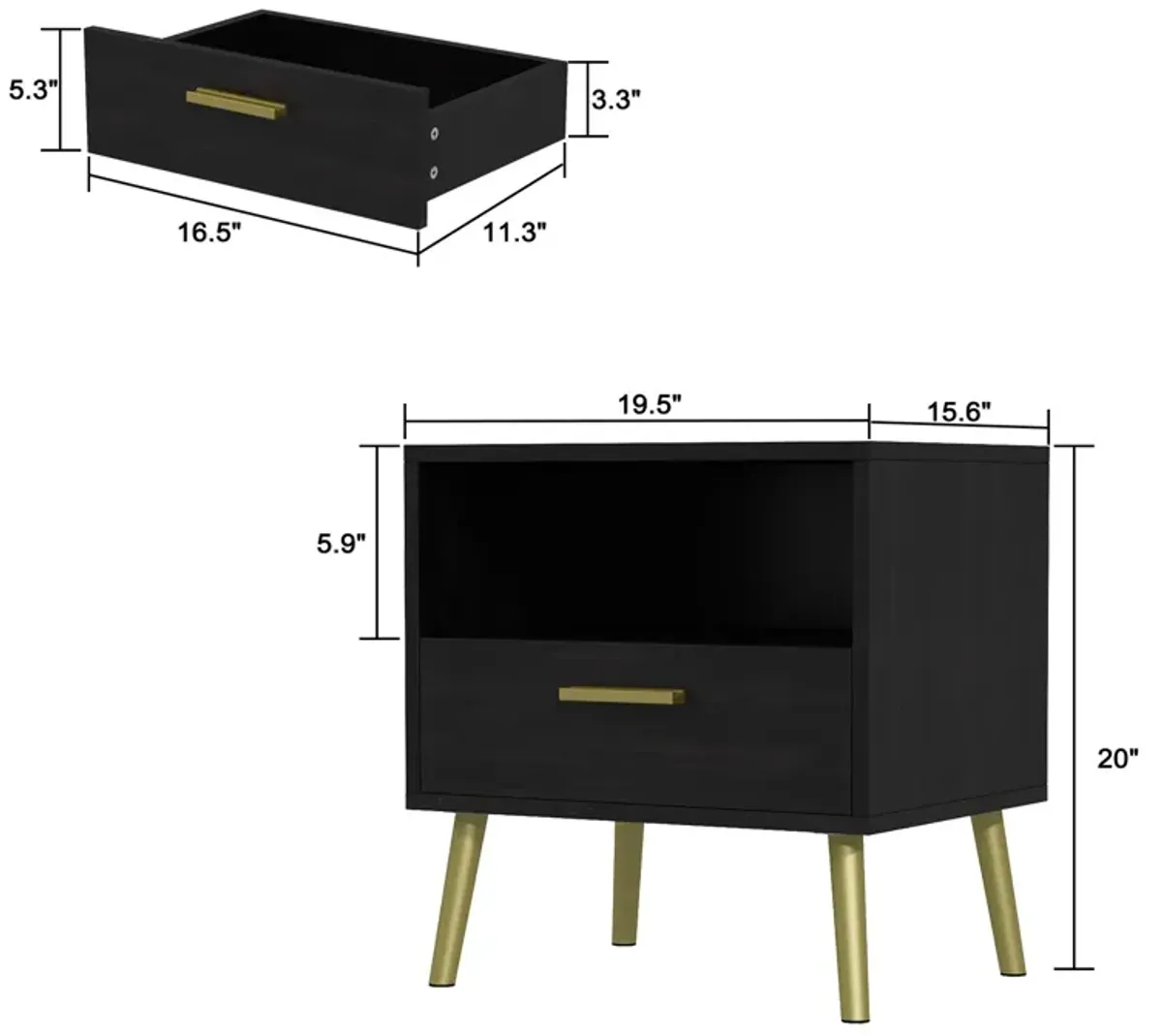 Nightstands Bedside Tables End Tables with Drawer & Open Shelf, Gold Metal Legs,for Bedroom Living Room(19.5”W x 15.6”D x 20”H)