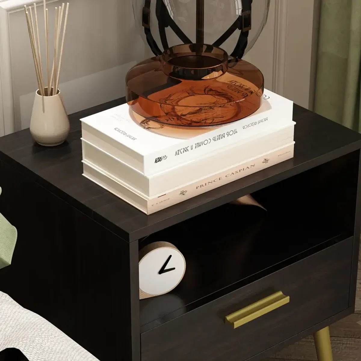 Nightstands Bedside Tables End Tables with Drawer & Open Shelf, Gold Metal Legs,for Bedroom Living Room(19.5”W x 15.6”D x 20”H)