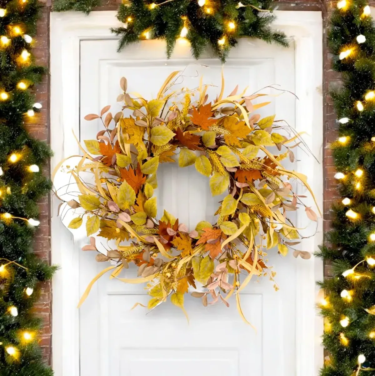 Fall Leaf and Mini Pumpkin Wreath for Autumn Home or Front Door Décor