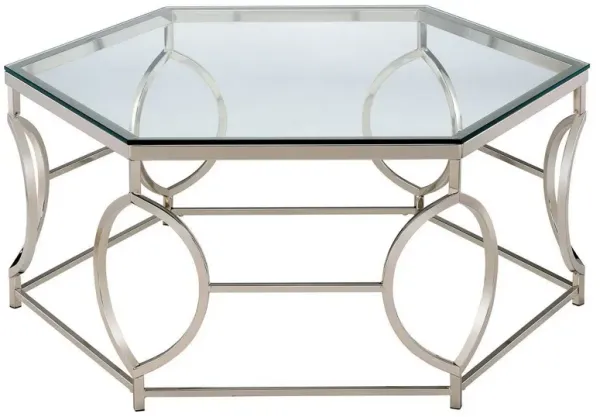 Slade 40 Inch Coffee Table, Hexagonal Glass Top, Geometric Base, Chrome-Benzara