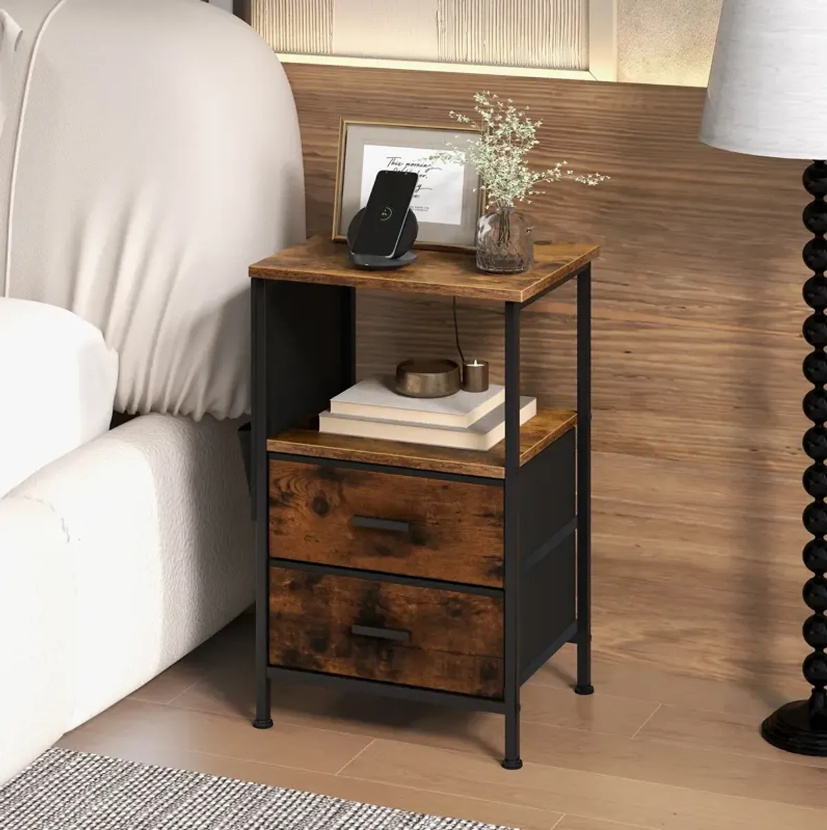 Industrial Bedside Table with USB Ports and AC Outlets for Bedroom Living  Room