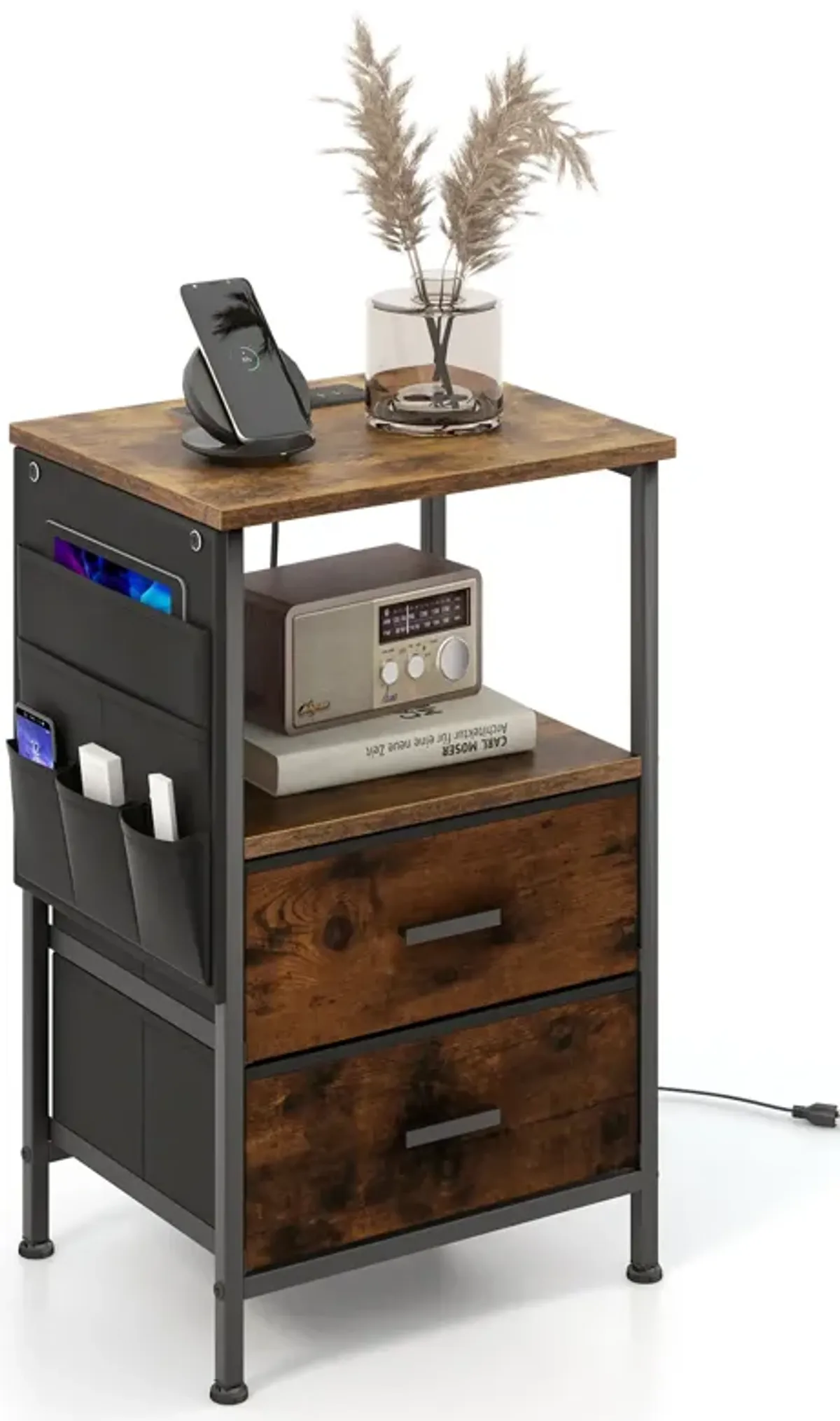 Industrial Bedside Table with USB Ports and AC Outlets for Bedroom Living  Room