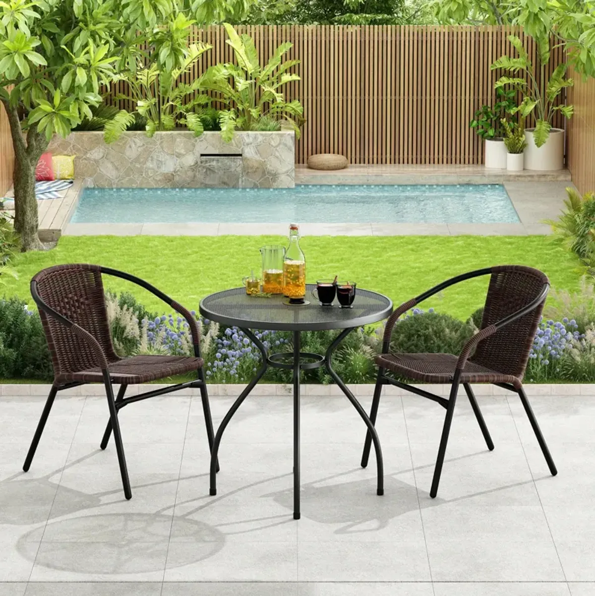 Round Patio Bistro Table, Outdoor Metal Dining Table with Umbrella Hole, Outdoor Table for Backyard Lawn Pool, Black