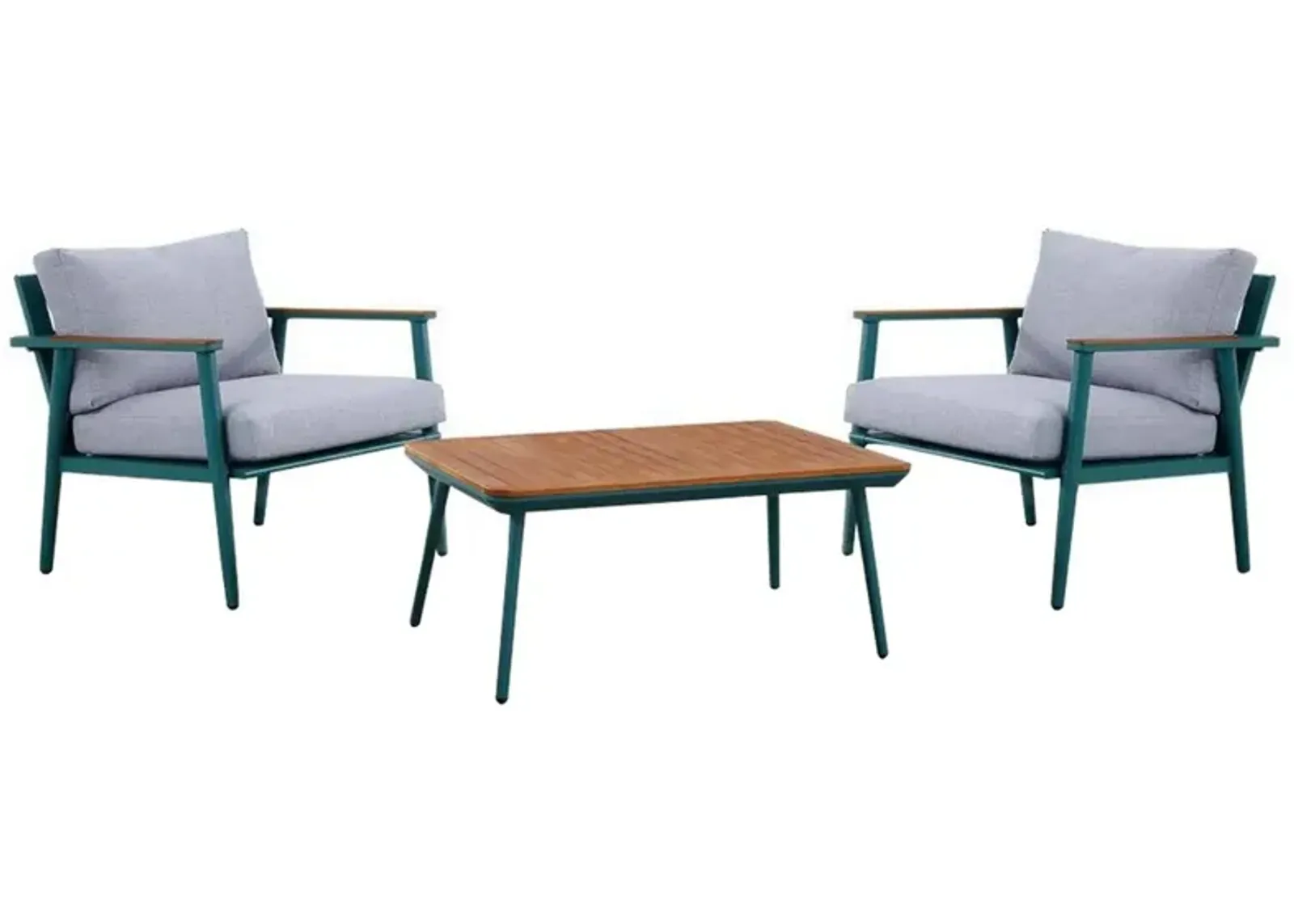 3 Piece Outdoor Coffee Table and Chairs Set, Wood Planks, Gray, Green - Benzara