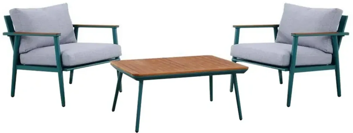 3 Piece Outdoor Coffee Table and Chairs Set, Wood Planks, Gray, Green - Benzara