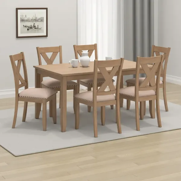 Sky Dining Set, Rectangular Table, 6 Polyester Upholstered Chairs, Brown - Benzara