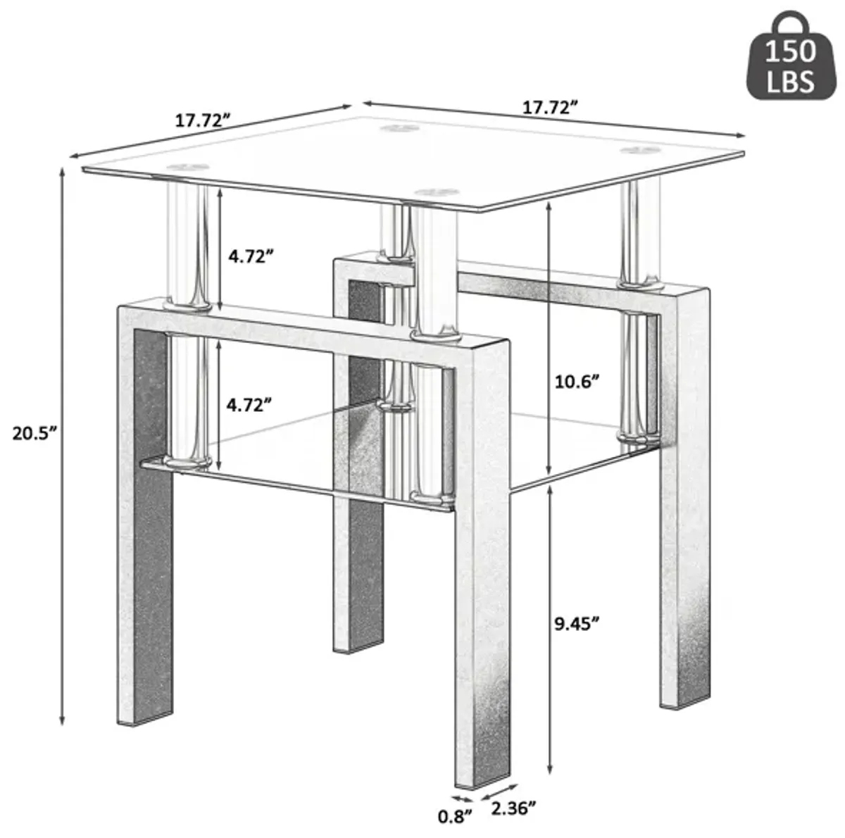 Hivvago 2 pcs Modern Design Coffee Table Tempered Glass End Table Night Stand