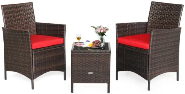 Hivvago 3 Pieces Patio Cushioned Rattan Converstaion Set With Glass Table Top