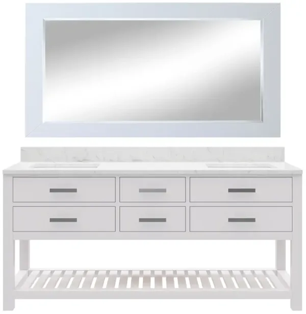 Madalyn 72 In. Double Sink Carrara White Marble Countertop Bath Vanity in Pure White with Rectangular Mirror (L)