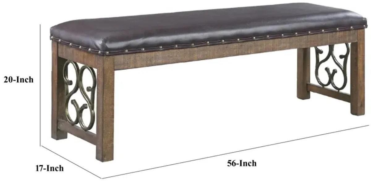 Ral 56 Inch Solid Wood Padded Bench, Metal Scroll Design, Nailhead, Brown-Benzara