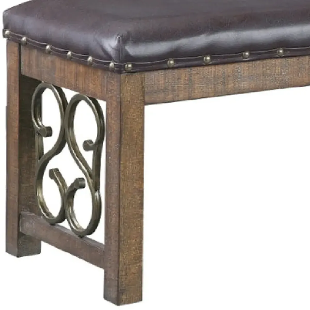 Ral 56 Inch Solid Wood Padded Bench, Metal Scroll Design, Nailhead, Brown-Benzara