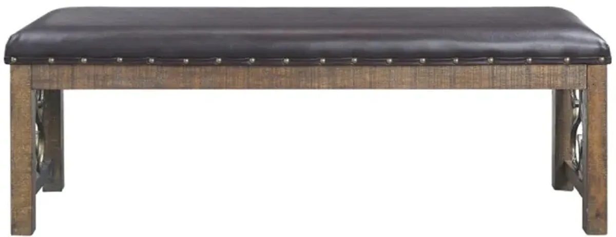 Ral 56 Inch Solid Wood Padded Bench, Metal Scroll Design, Nailhead, Brown-Benzara