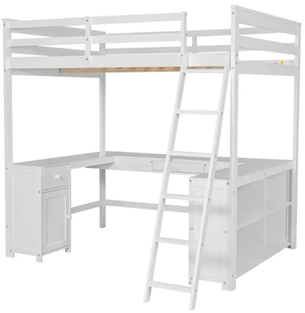 Whisen Elegant Design Full Size Loft Bed with Desk, Drawers and Storage Shelves