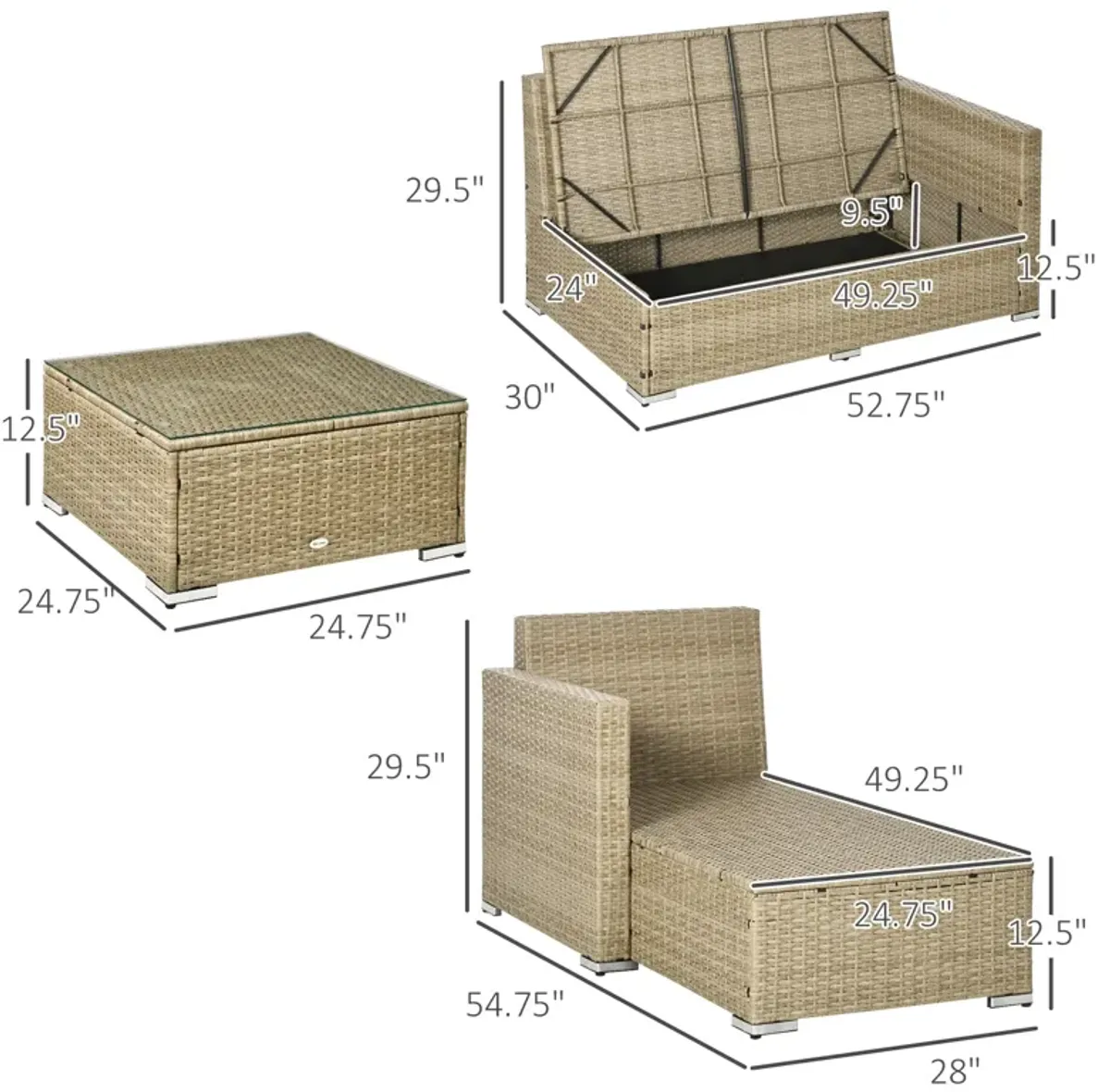 Khaki Outdoor Seating: 3pc Compact Wicker Sectional Set with Storage Table