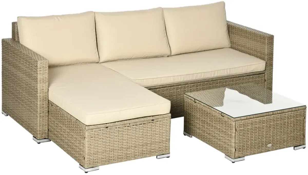 Khaki Outdoor Seating: 3pc Compact Wicker Sectional Set with Storage Table