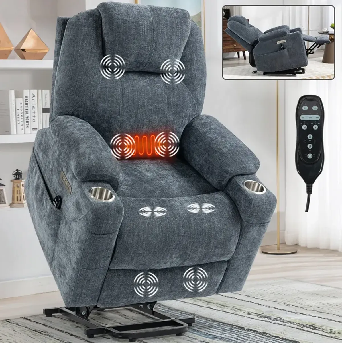 Mondawe Chenille Power Lift Recliner Chair, Heavy Duty Motion Mechanism with 8-Point Vibration Massage and Lumbar Heating, USB and Type-C Ports