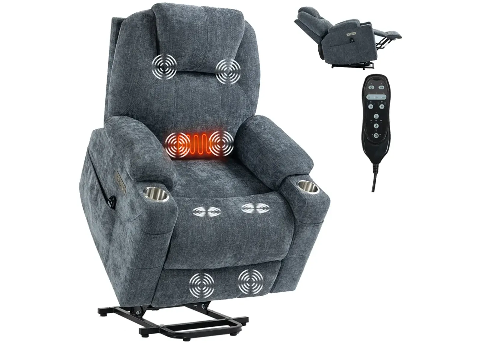 Mondawe Chenille Power Lift Recliner Chair, Heavy Duty Motion Mechanism with 8-Point Vibration Massage and Lumbar Heating, USB and Type-C Ports