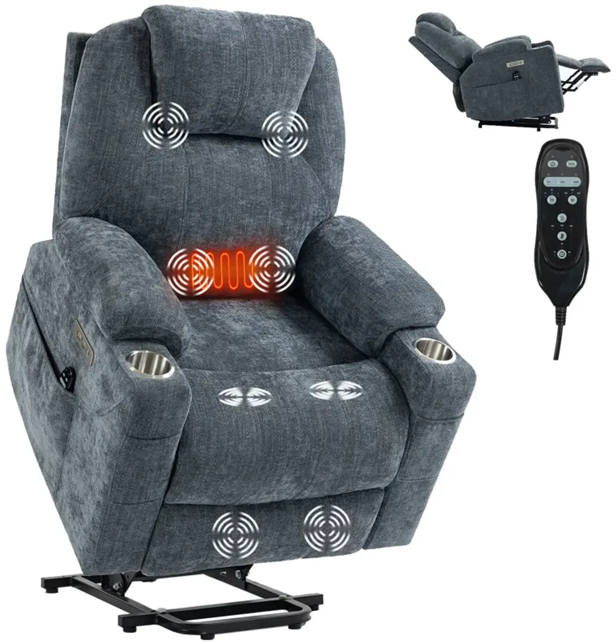 Mondawe Chenille Power Lift Recliner Chair, Heavy Duty Motion Mechanism with 8-Point Vibration Massage and Lumbar Heating, USB and Type-C Ports