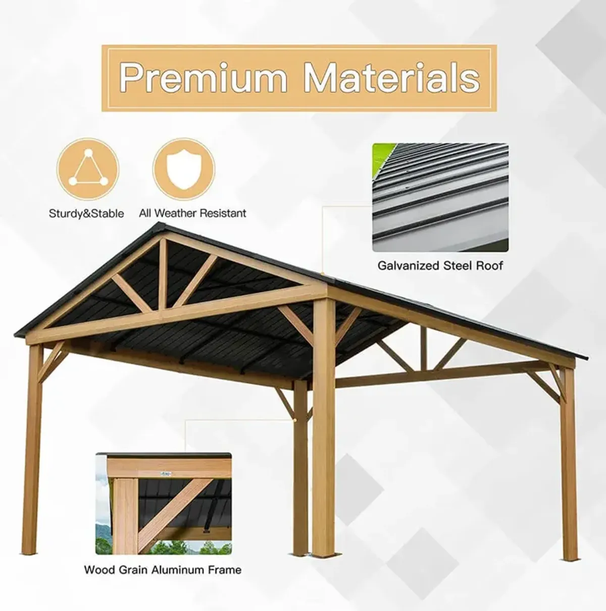 MONDAWE 12x14ft Hardtop Gazebo Outdoor Aluminum Gazebo with Galvanized Steel Gable Canopy for Patio Decks Backyard (Yellow-Brown)