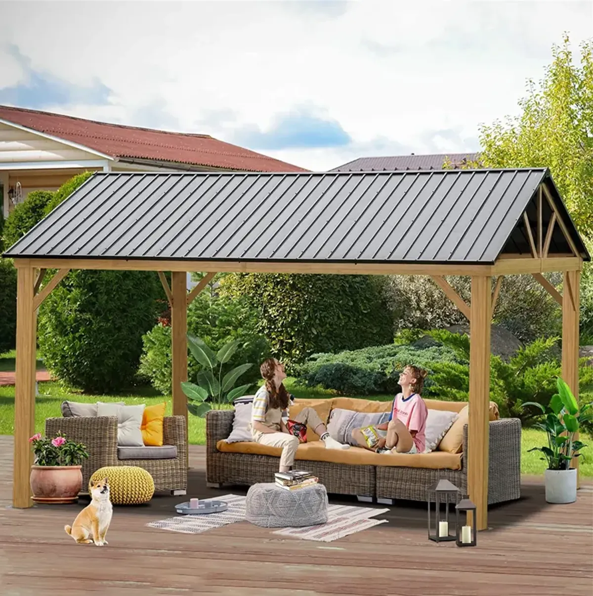 MONDAWE 12x14ft Hardtop Gazebo Outdoor Aluminum Gazebo with Galvanized Steel Gable Canopy for Patio Decks Backyard (Yellow-Brown)