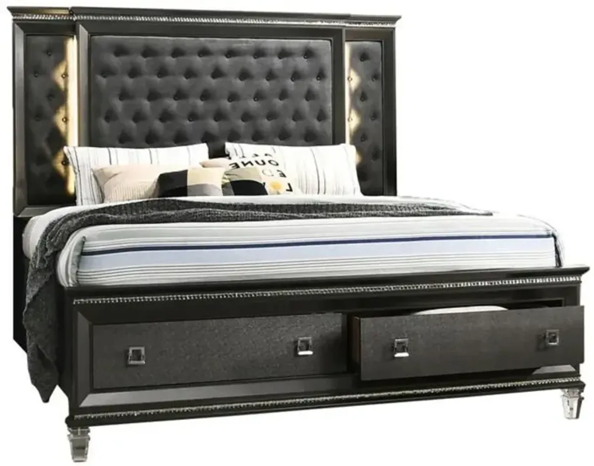 Best Quality Furniture Panel Bed with Tufted Buttons and  Backlit Backboard with 2 Footboard Drawers and Jewel Strip on Footboard and Headboard